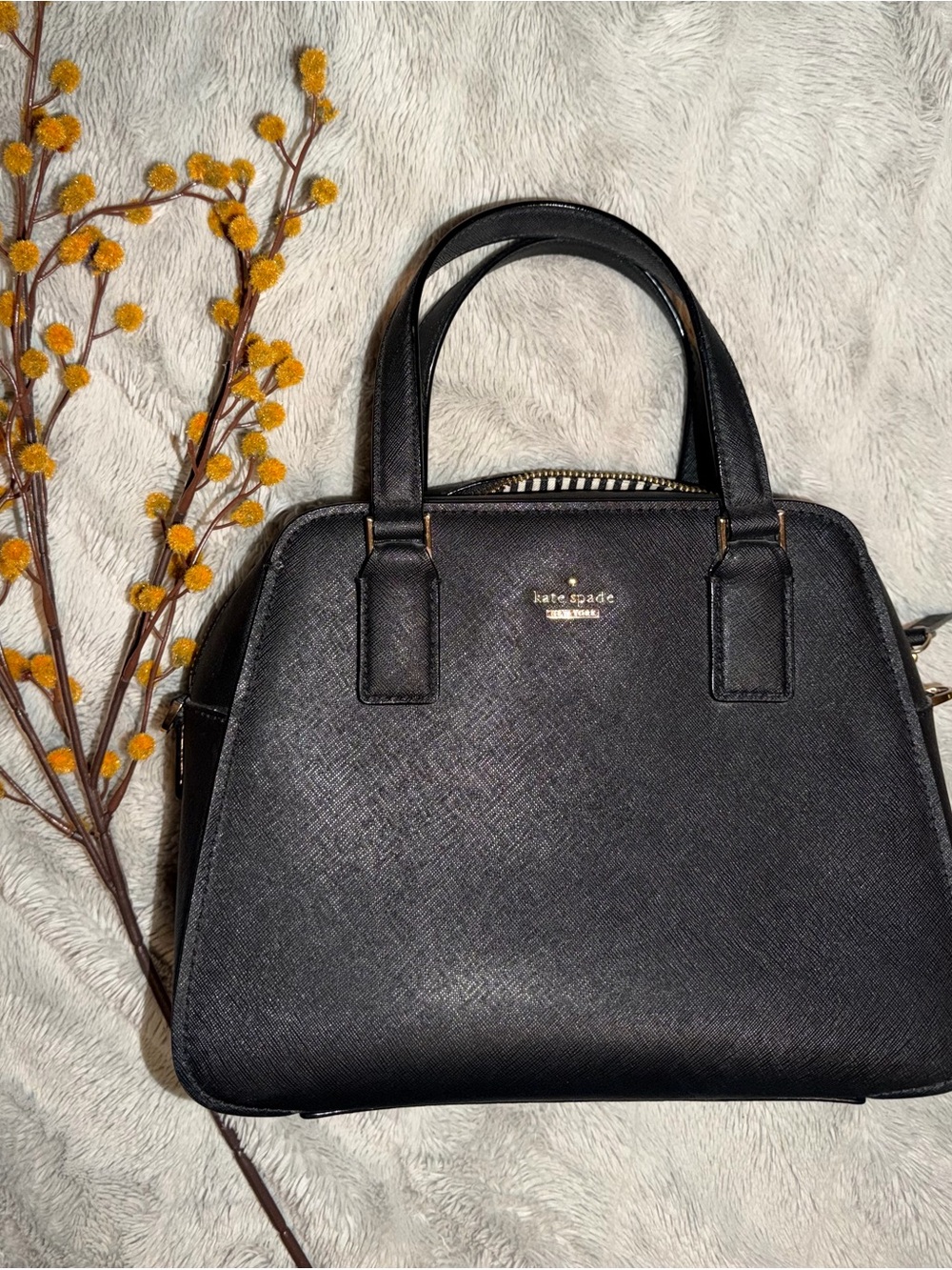 kate spade Black Saffiano Structured Satchel with Gold Hardware